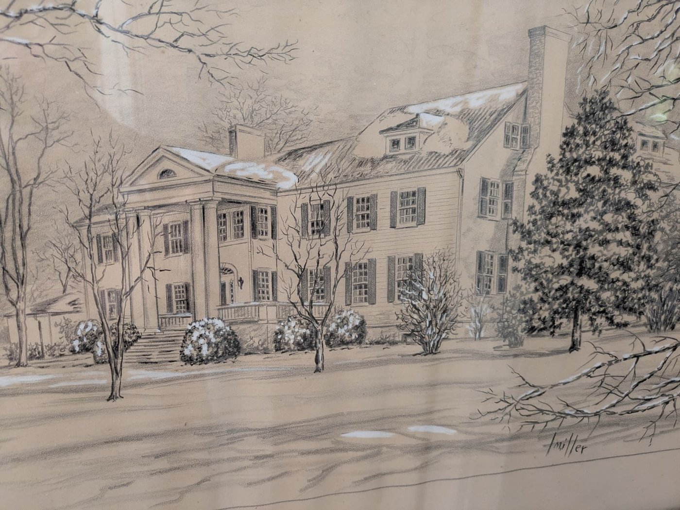 Vintage pencil drawing of the Midland Farm mansion in winter, signed Miller